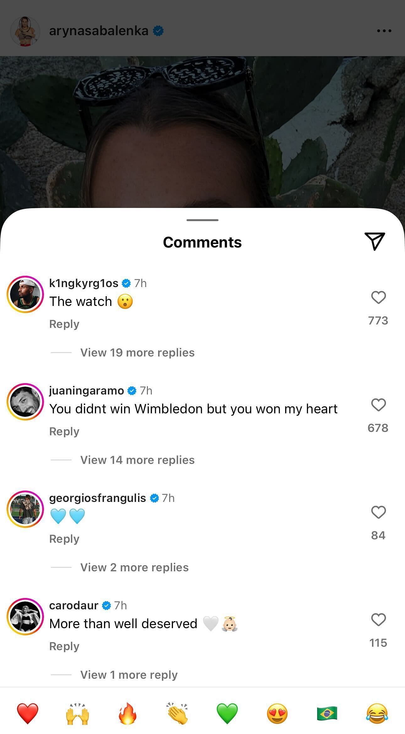 Aryna Sabalenka's post draws reactions from Nick Kyrgios and boyfriend Georgios Frangulis (Source: Instagram)